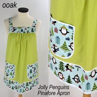 Jolly Penguins Pinafore Apron with no ties, relaxed fit smock with pockets, cute Christmas Apron fits L/XL/2X, ships fast