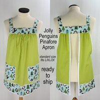 Jolly Penguins Pinafore Apron with no ties, relaxed fit smock with pockets, cute Christmas Apron fits L/XL/2X, ships fast