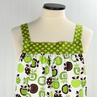 Green Apples Pinafore Apron with no ties, relaxed fit smock with pockets, standard size fits L-XL-2X, SHIPS FAST