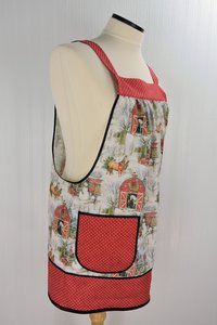 Snowy Christmas Barnyard Pinafore with no ties, relaxed fit smock with pockets, red barn, horses, snowman scene, made-to-order XS to 5X