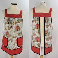 Snowy Christmas Barnyard Pinafore with no ties, relaxed fit smock with pockets, red barn, horses, snowman scene, made-to-order XS to 5X