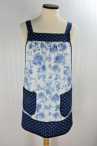 Ballycastle Chintz Blue & White Floral Pinafore Apron with no ties, smock apron with pockets made-to-order XS to 5X