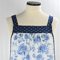Ballycastle Chintz Blue & White Floral Pinafore Apron with no ties, smock apron with pockets made-to-order XS to 5X