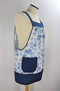 Ballycastle Chintz Blue & White Floral Pinafore Apron with no ties, smock apron with pockets made-to-order XS to 5X