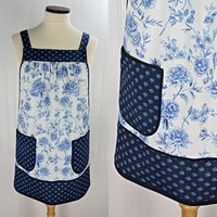 Ballycastle Chintz Blue & White Floral Pinafore Apron with no ties, smock apron with pockets made-to-order XS to 5X