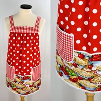 Red, White & Apple Pie Pinafore, relaxed fit smock with pockets, comfortable (doesn't touch neck) SHIPS NOW, standard size fits L/XL/2X