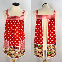 Red, White & Apple Pie Pinafore, relaxed fit smock with pockets, comfortable (doesn't touch neck) SHIPS NOW, standard size fits L/XL/2X