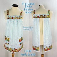 Fruit Ladies Border Pinafore with no ties (straps go straight over shoulders) relaxed fit smock with pockets, humorous beach theme, L/XL/2X
