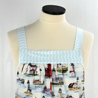 Historic Lighthouses Pinafore Apron with no ties, relaxed fit smock with pockets, coastal nautical beach cover up ready to ship fits L/XL/2X