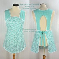 Aqua Petite Damask Retro 50s Smock Apron, relaxed fit "H-back" doesn't touch neck, made to order XS - 4X  w/ pocket options, OOP fabrics