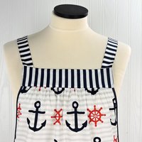 Nautical Stripe Pinafore with no ties (straps go straight over the shoulders), relaxed fit smock apron with pockets, made to order XS - 5X