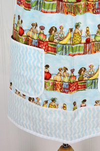 Fruit Ladies Stripe Pinafore with no ties (straps go straight over shoulders) relaxed fit smock with pockets, humorous beach theme, L/XL/2X
