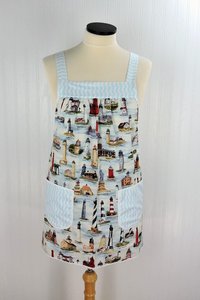 Historic Lighthouses Pinafore Apron with no ties, relaxed fit smock with pockets, coastal nautical beach cover up ready to ship fits L/XL/2X