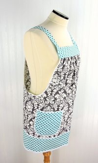 Charcoal Damask Pinafore with no ties (straps go straight over shoulders) relaxed fit smock with pockets, fits L/XL/2X, ready to ship