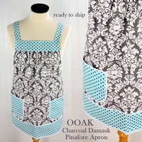 Charcoal Damask Pinafore with no ties (straps go straight over shoulders) relaxed fit smock with pockets, fits L/XL/2X, ready to ship