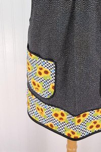 Sunflowers on Gingham Pinafore with no ties (straps go straight over shoulders) relaxed fit smock with pockets, fits L/XL/2X, ready to ship