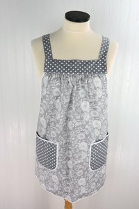 Gray Floral Pinafore with no ties (straps go straight over shoulders) relaxed fit smock with pockets, fits L/XL/2X, ready to ship