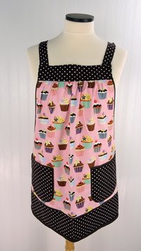 Pink Cupcakes Pinafore with no ties (straps go straight over shoulders) relaxed fit smock with pockets, fits L/XL/2X, ready to ship