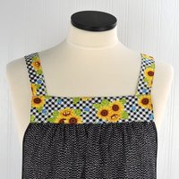 Sunflowers on Gingham Pinafore with no ties (straps go straight over shoulders) relaxed fit smock with pockets, fits L/XL/2X, ready to ship