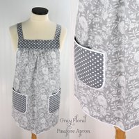 Gray Floral Pinafore with no ties (straps go straight over shoulders) relaxed fit smock with pockets, fits L/XL/2X, ready to ship