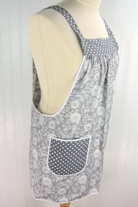 Gray Floral Pinafore with no ties (straps go straight over shoulders) relaxed fit smock with pockets, fits L/XL/2X, ready to ship