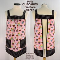 Pink Cupcakes Pinafore with no ties (straps go straight over shoulders) relaxed fit smock with pockets, fits L/XL/2X, ready to ship