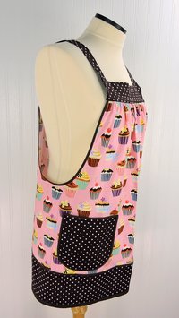 Pink Cupcakes Pinafore with no ties (straps go straight over shoulders) relaxed fit smock with pockets, fits L/XL/2X, ready to ship