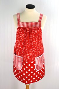 Red & White Scrapbuster Pinafore, relaxed fit smock with pockets, comfortable (doesn't touch neck), ready to ship, fits L/XL/2X