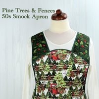 XS-4X Retro 50s Christmas Smock, Pine Trees and Fences with old Red Trucks, relaxed fit H-back apron, made to order with pocket options