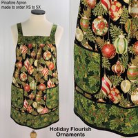 XS- 5X Holiday Flourish Ornaments Pinafore with no ties (straps go straight over the shoulders) relaxed fit smock with pockets made to order