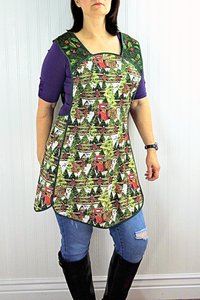 XS-4X Retro 50s Christmas Smock, Pine Trees and Fences with old Red Trucks, relaxed fit H-back apron, made to order with pocket options