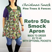 XS-4X Retro 50s Christmas Smock, Pine Trees and Fences with old Red Trucks, relaxed fit H-back apron, made to order with pocket options