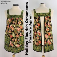 XS- 5X Holiday Flourish Ornaments Pinafore with no ties (straps go straight over the shoulders) relaxed fit smock with pockets made to order