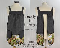Roosters SCRAPBUSTER Pinafore Apron with no ties, relaxed fit smock with pockets, farmhouse kitchen apron, ready to ship, fits L/XL/2X