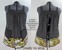 Larger Rooster SCRAPBUSTER Pinafore Apron with no ties, relaxed fit smock with pockets, farmhouse kitchen apron, ready to ship fits 3X/4X/5X