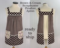 Brown & Cream SCRAPBUSTER Pinafore with no ties (straps go straight over the shoulders) relaxed fit smock with pockets, ready to ship
