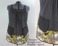 Larger Rooster SCRAPBUSTER Pinafore Apron with no ties, relaxed fit smock with pockets, farmhouse kitchen apron, ready to ship fits 3X/4X/5X