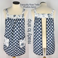 Tranquility Rose Trellis Pinafore with no ties (straps go straight over the shoulders) blue & white smock with pockets ready to ship L/XL/2X