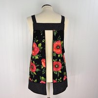 Black Poppy Panache Polka Dot Pinafore, relaxed fit smock with pockets, pretty floral kitchen apron, ready to ship fits L/XL/2X