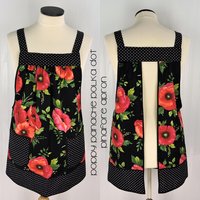 Black Poppy Panache Polka Dot Pinafore, relaxed fit smock with pockets, pretty floral kitchen apron, ready to ship fits L/XL/2X