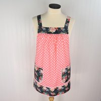 Vintage Polka Dot Charm Pinafore with no ties (straps go straight over the shoulders) relaxed fit smock with pockets L/XL/2X, SHIPS FAST
