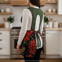 XS-4X Retro 50s Christmas Smock, Large Poinsettias on Black relaxed fit H-back apron (optional) pockets, over the head apron with waist ties