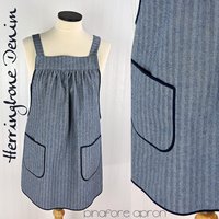 Herringbone Stripe Denim Pinafore with no ties (straps go straight over shoulders) relaxed fit apron, sturdy artist smock w/ pockets XS - 5X