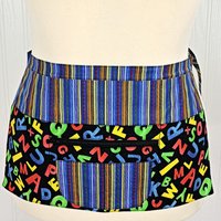 Alphabet Stripe Multi-Pocket Apron with zipper money pocket for teachers, waitresses, daycare, 2 sizes made-to-order