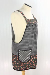 OOAK Midnight Cherries Pinafore with no ties (straps go straight over the shoulders) relaxed fit smock with pockets, L/XL/2X ships now