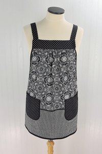 B/W Fancy Medallion Scrapbuster Pinafore with no ties (straps go straight over the shoulder) relaxed fit smock with pocket L/XL/2X ships now