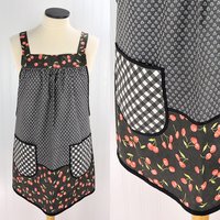 OOAK Midnight Cherries Pinafore with no ties (straps go straight over the shoulders) relaxed fit smock with pockets, L/XL/2X ships now