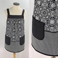 B/W Fancy Medallion Scrapbuster Pinafore with no ties (straps go straight over the shoulder) relaxed fit smock with pocket L/XL/2X ships now