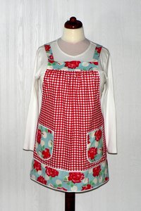 Red Gingham and Roses Pinafore with no ties, relaxed fit smock with pockets, retro floral kitchen apron XS to 5X