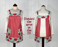 Red Gingham and Roses Pinafore with no ties, relaxed fit smock with pockets, retro floral kitchen apron XS to 5X